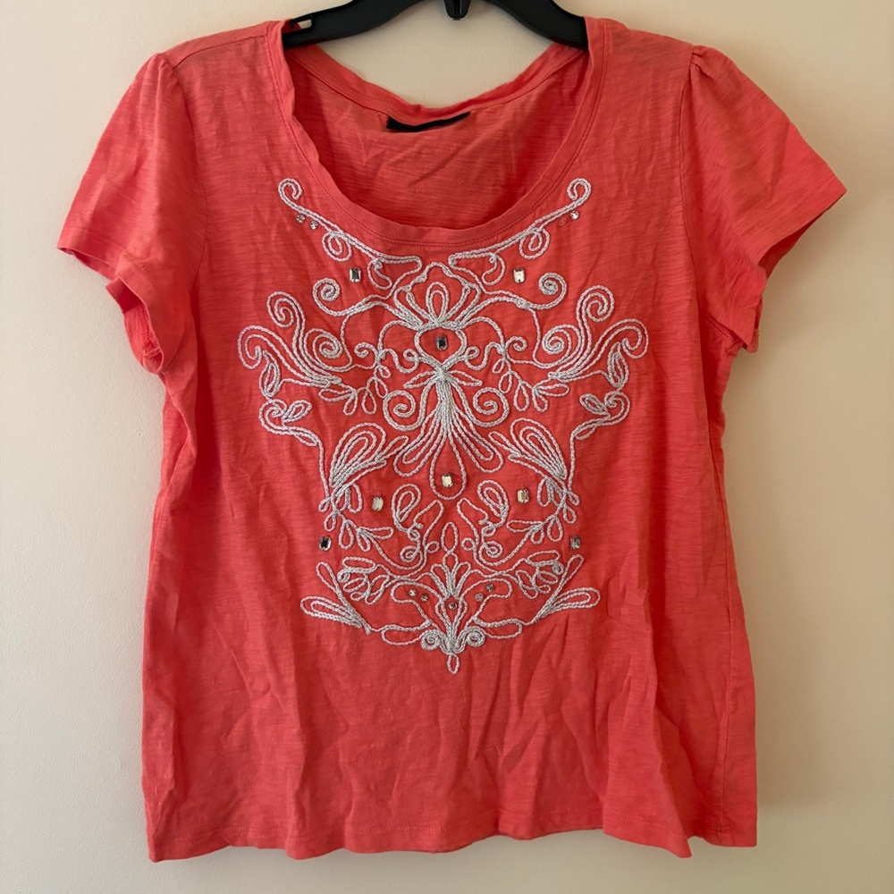 Style & Co Coral Embroidered Beaded Boho Tee Large Short Sleeve Top